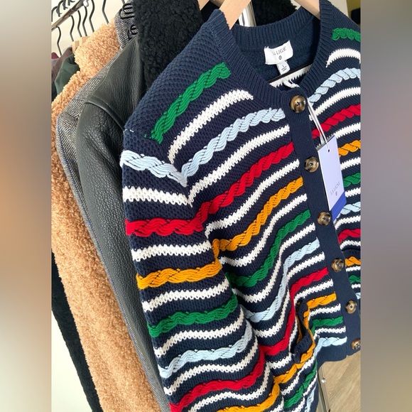 π LA LIGNE x Target Women's Textured Striped Cardigan Sweater Navy Red Yellow - Picture 13 of 17